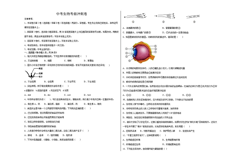 中考生物考前冲刺卷四（原卷版+教师版）01