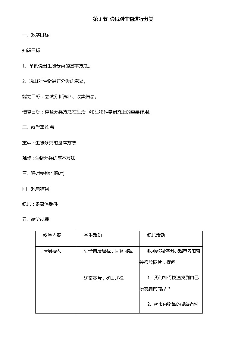 冀少版生物七年级上册 5.1 尝试对生物进行分类 课件+教案01