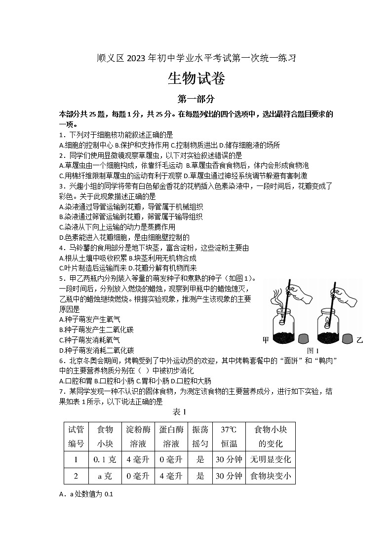 2023年北京市顺义区八年级学业考试一模生物试卷(含答案)01
