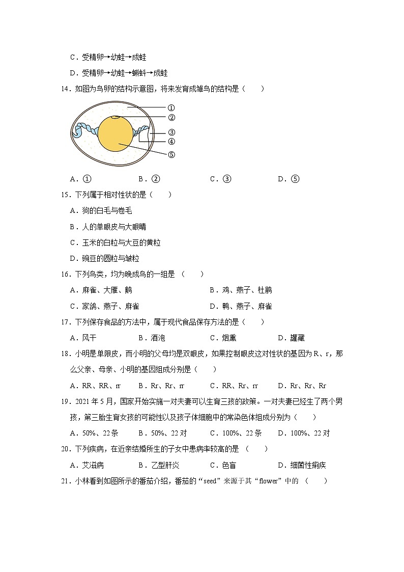 2023年江苏省南京市浦口区等5地中考生物一模试卷(含答案)第2页