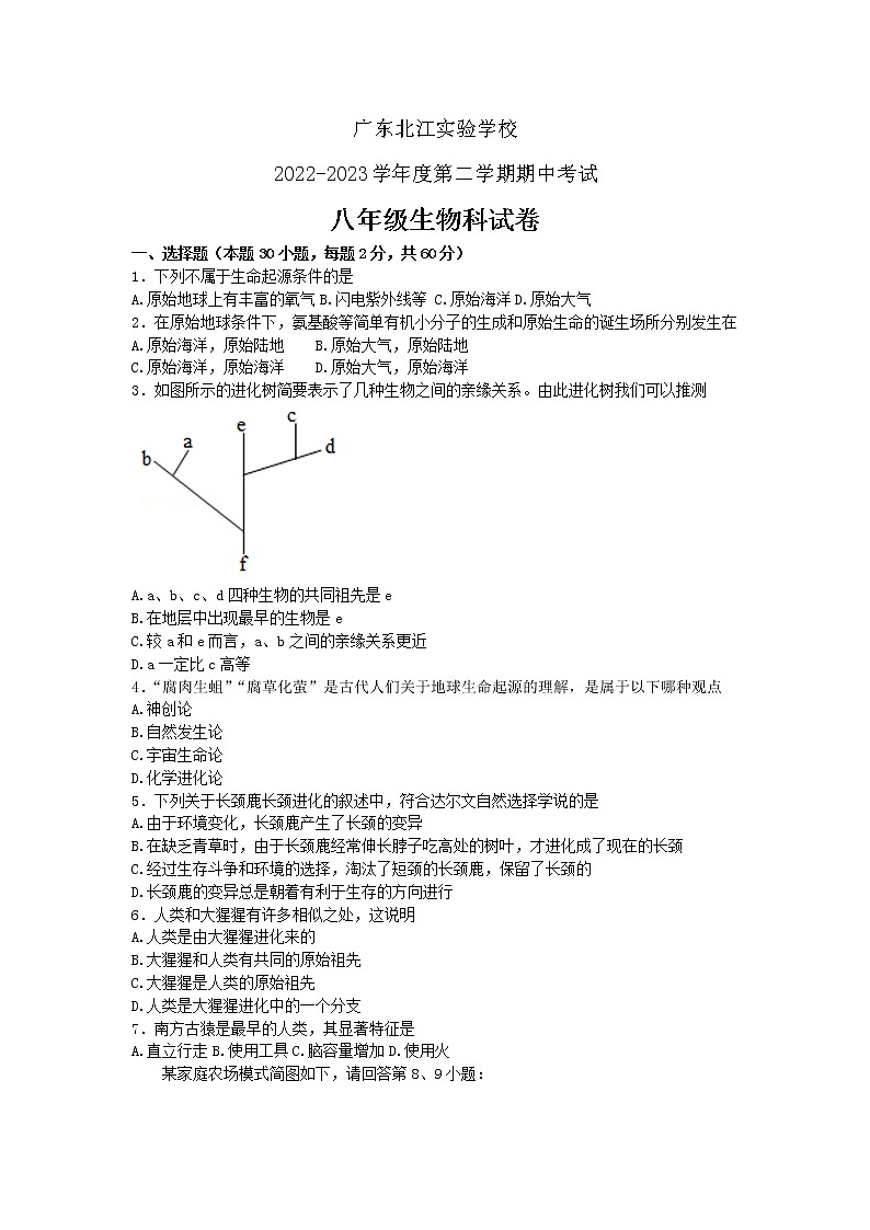 广东省韶关市武江区北江实验学校2022-2023学年八年级下学期期中生物试卷(含答案)01