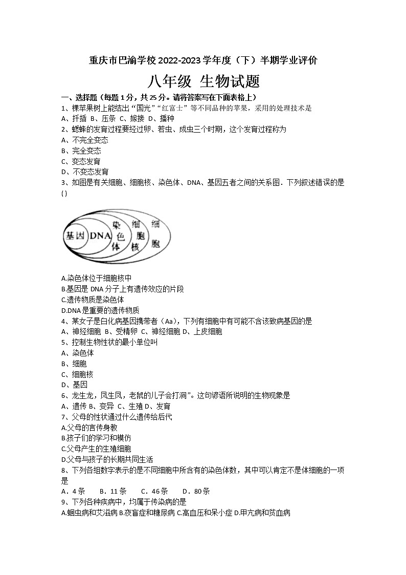 重庆市巴渝学校2022-2023学年八年级下学期期中考试生物试题(含答案)01