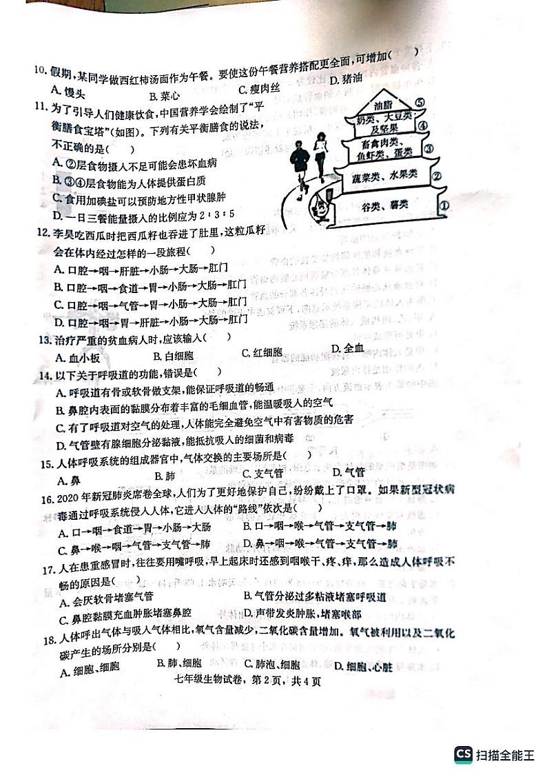 河北省石家庄市晋州市2022-2023学年七年级下学期期中考试生物试题第2页