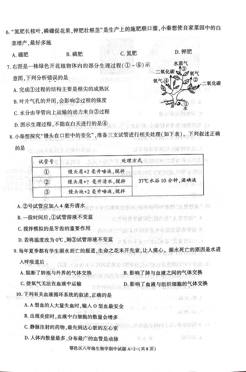 陕西省西安市鄠邑区2022-2023学年八年级下学期期中质量检测生物试题02