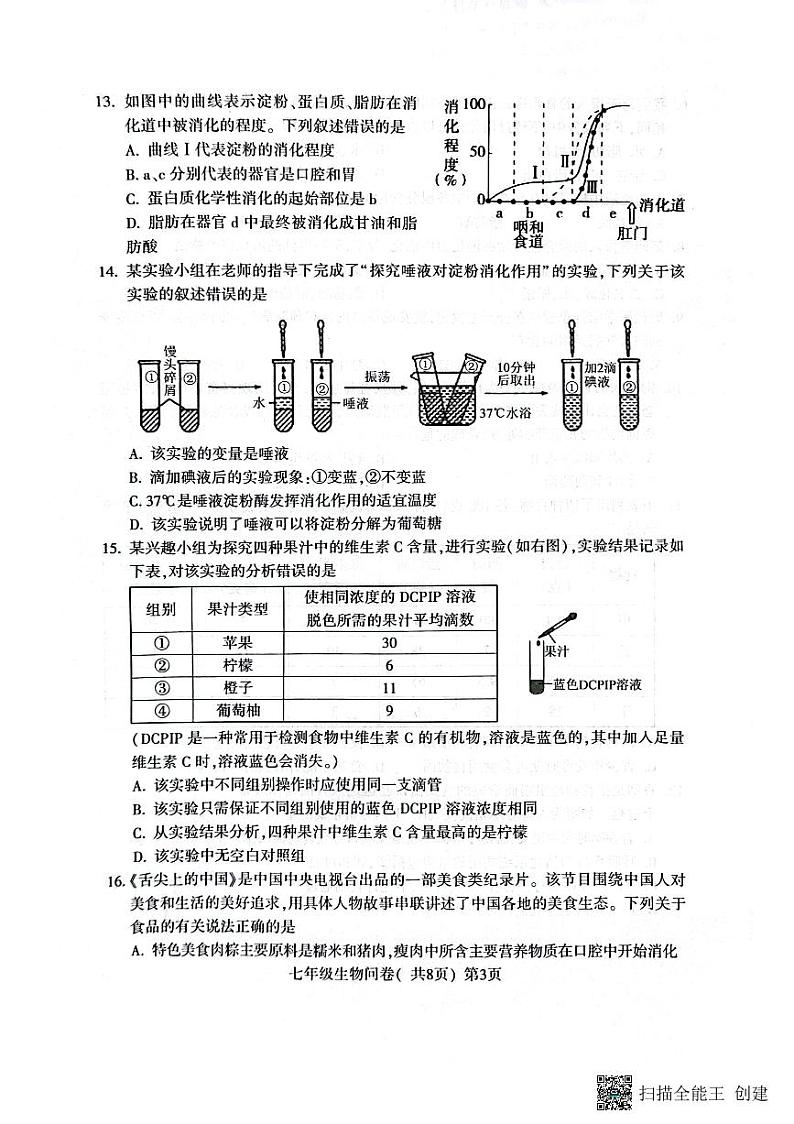 山东省聊城市阳谷县2022-2023学年七年级下学期期中学业水平检测与反馈生物试卷03