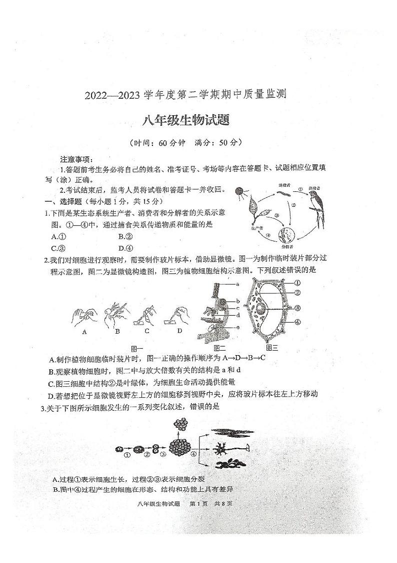 山东省泰安市宁阳县2022-2023学年八年级下学期期中考试生物试题第1页