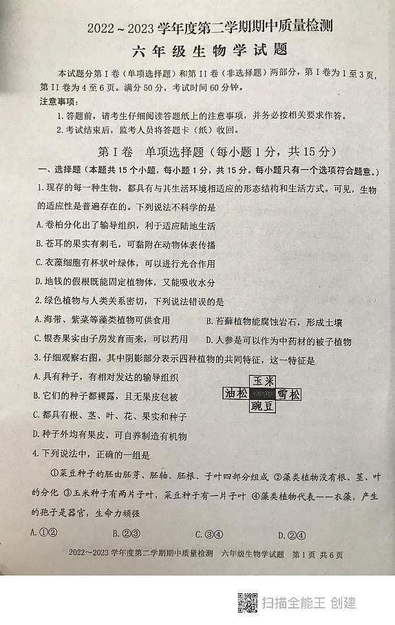 山东省泰安市东平县2022-2023学年六年级下学期期中考试生物试题01