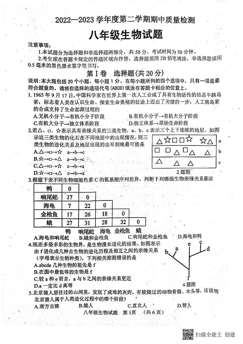 山东省菏泽市东明县2022-2023学年八年级下学期期中生物试题第1页