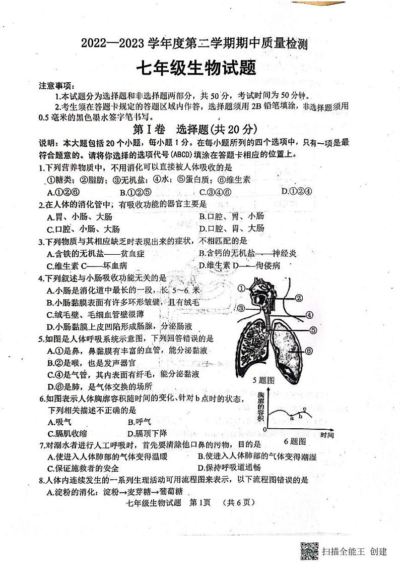 山东省菏泽市东明县2022-2023学年七年级下学期期中生物试题第1页