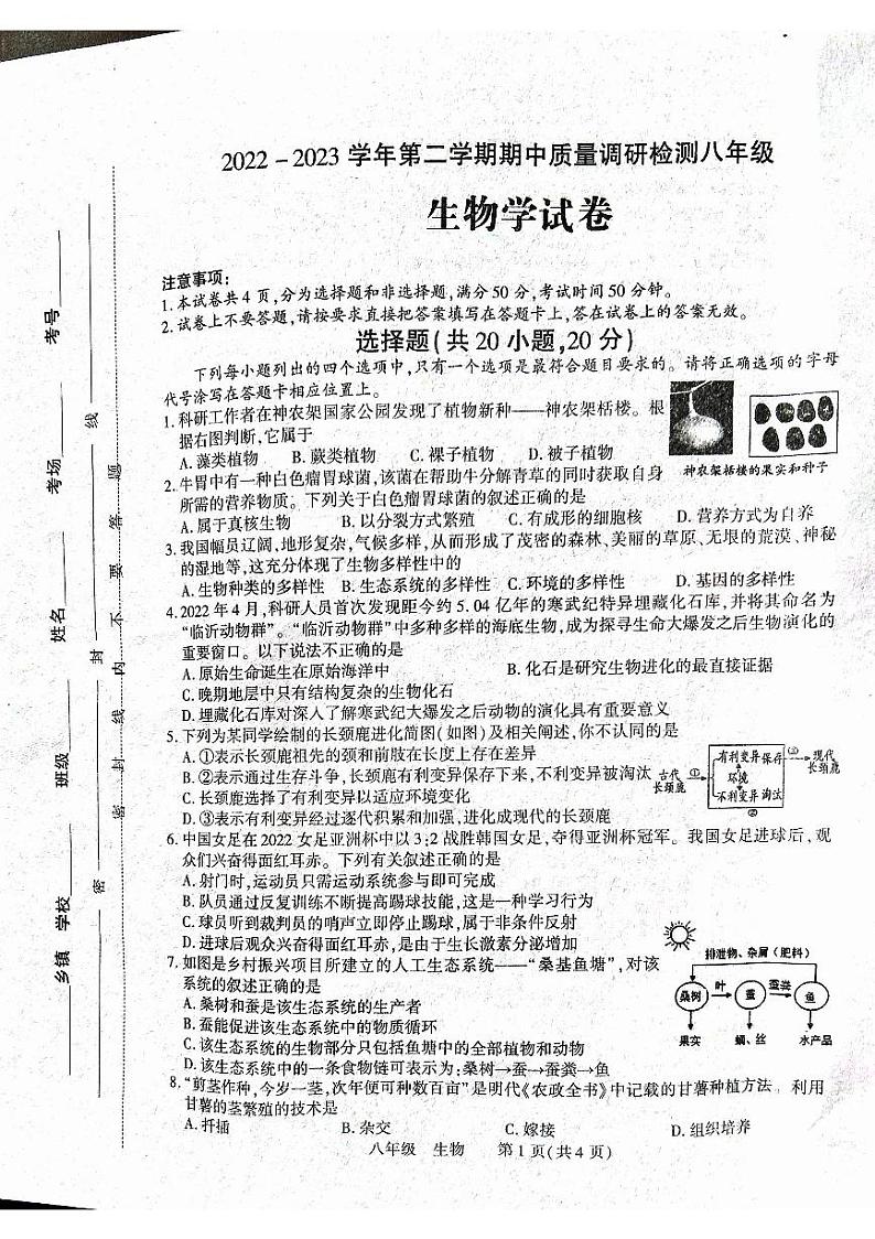 河南省洛阳市伊川县2022-2023学年八年级下学期期中生物试题01