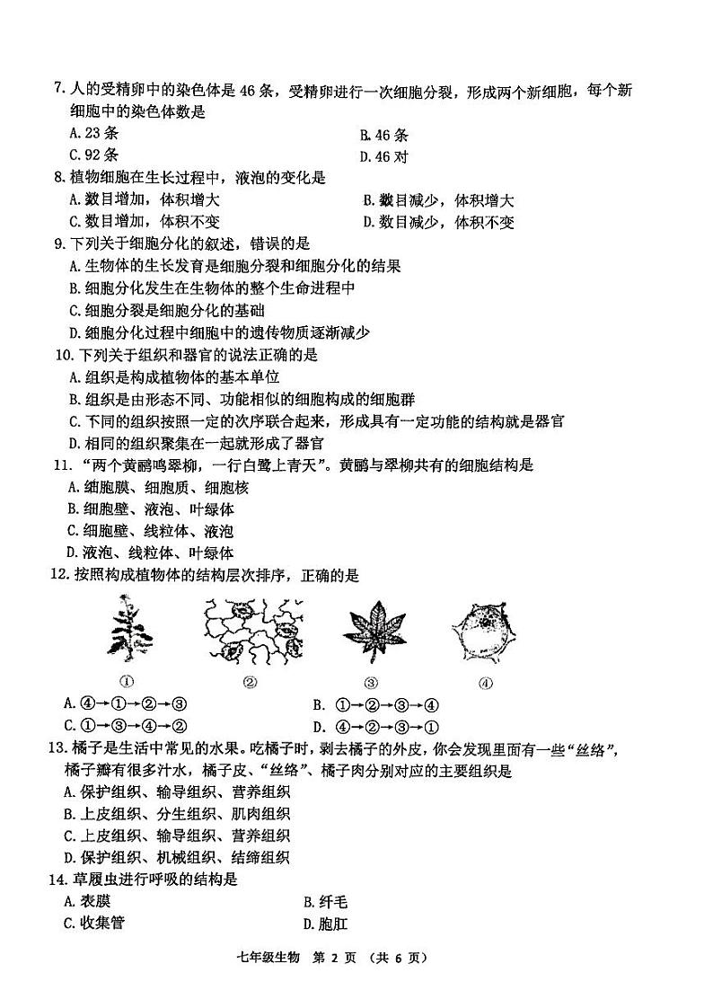 江苏省宿迁市宿城区南京师范大学附属中学宿迁分校2022-2023学年七年级下学期期中生物试题第2页