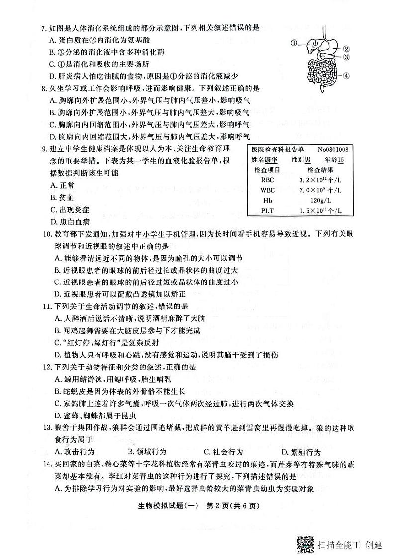 2023年山东省聊城市东昌府区一模生物试题02
