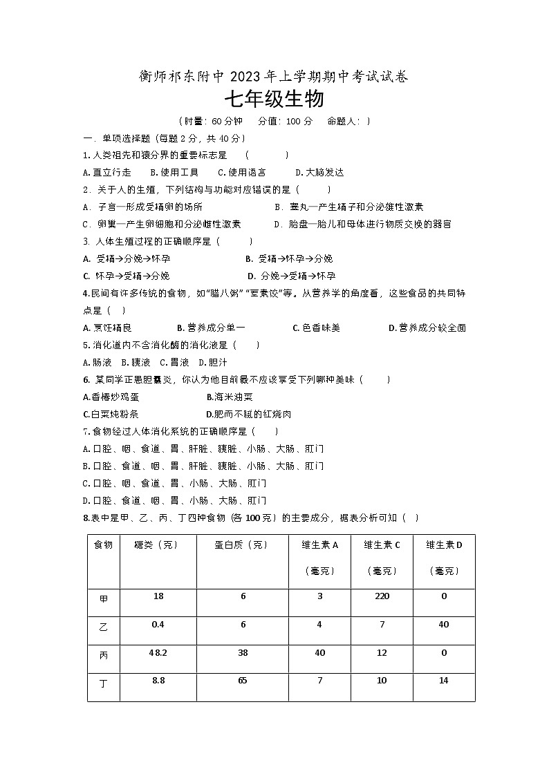 湖南省衡阳师范学院祁东附属中学2022-2023学年七年级下学期期中考试生物试题01