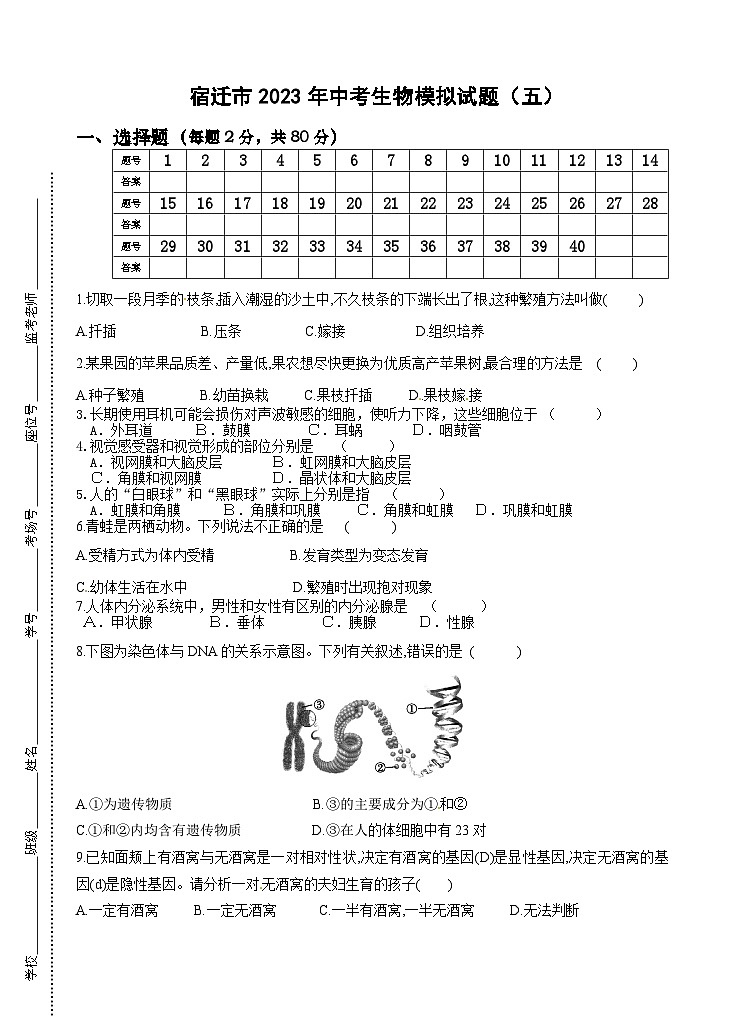 2023年江苏省宿迁市中考生物模拟试卷五（含答案）第1页