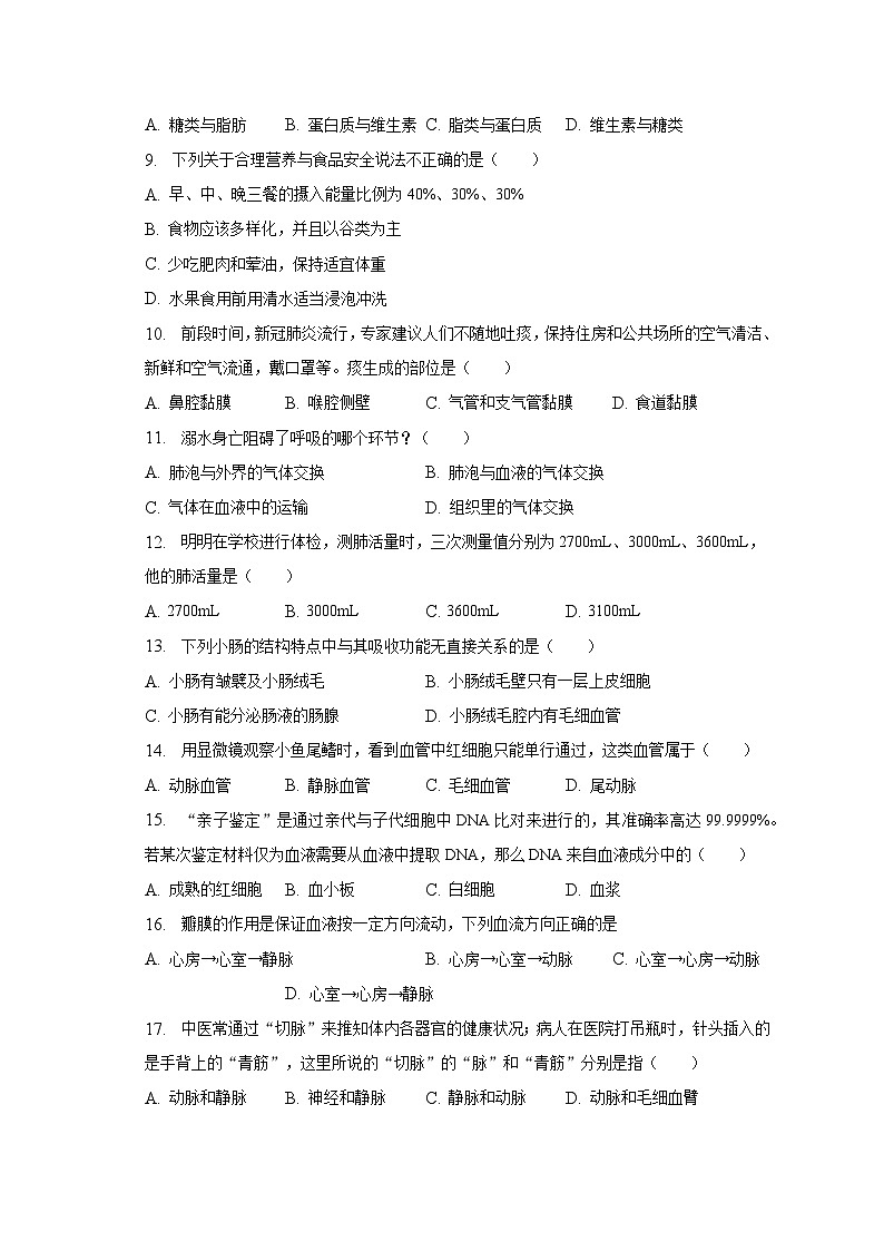 2022-2023学年河南省周口市郸城县七年级（下）期中生物试卷（含解析）第2页