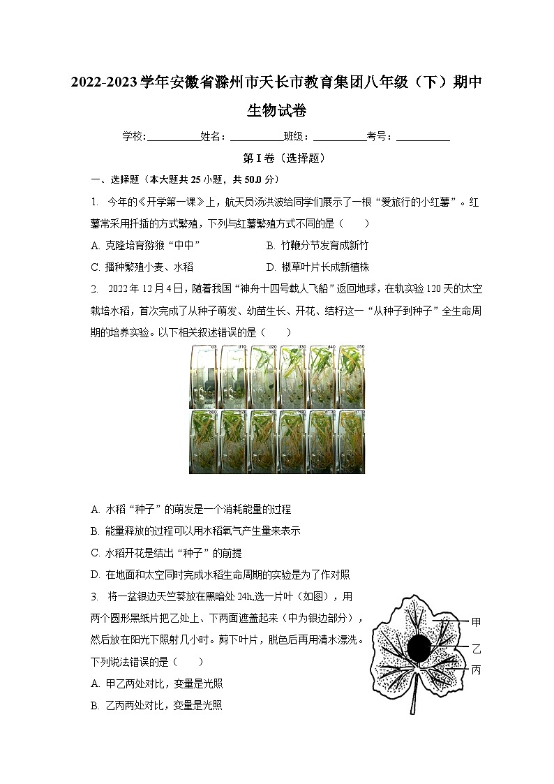 安徽省滁州市天长市教育集团2022-2023学年八年级下学期期中生物试卷（含答案）第1页