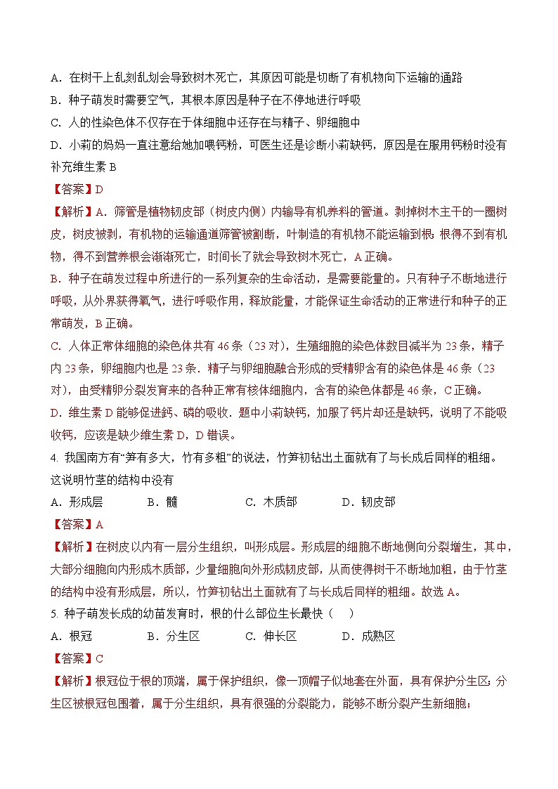 2023年中考生物三轮复习必刷题  专题04 绿色植物的一生02