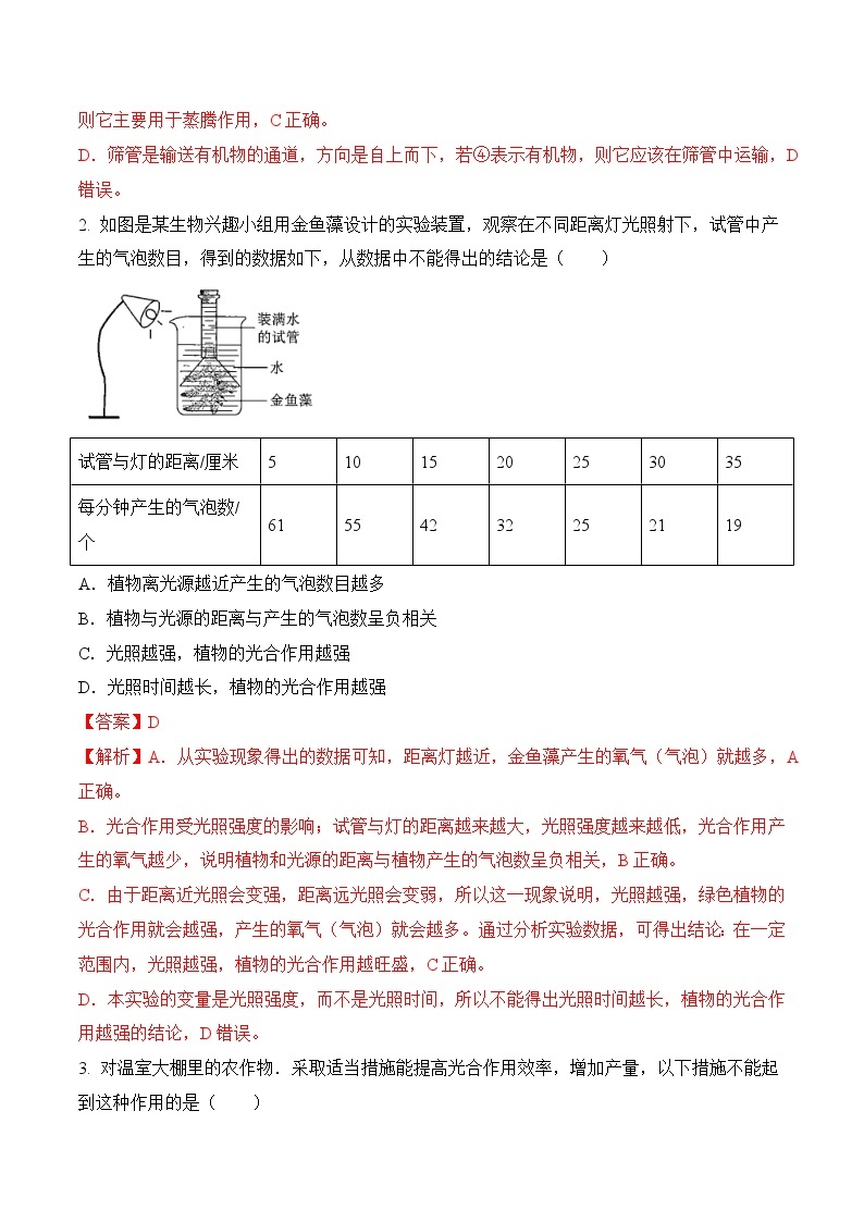 2023年中考生物三轮复习必刷题  专题06 绿色植物的光合作用和呼吸作用02