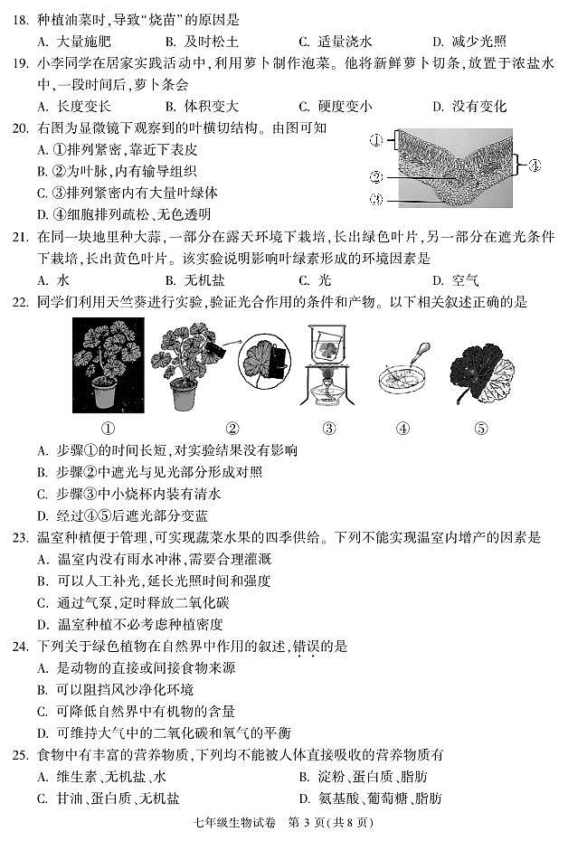 北京市朝阳区2022-2023学年度第一学期期末考试试题七年级生物第3页