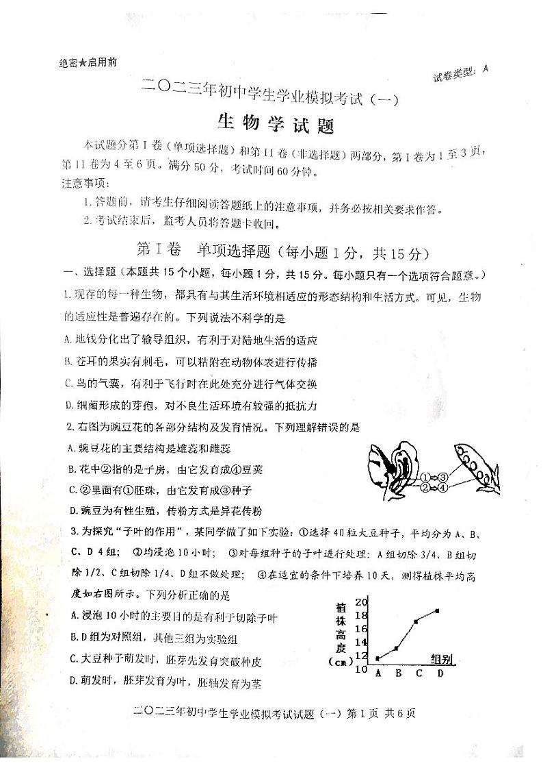 泰安市泰山区2022-2023年八年级第二学期第一次模拟考试生物试题01