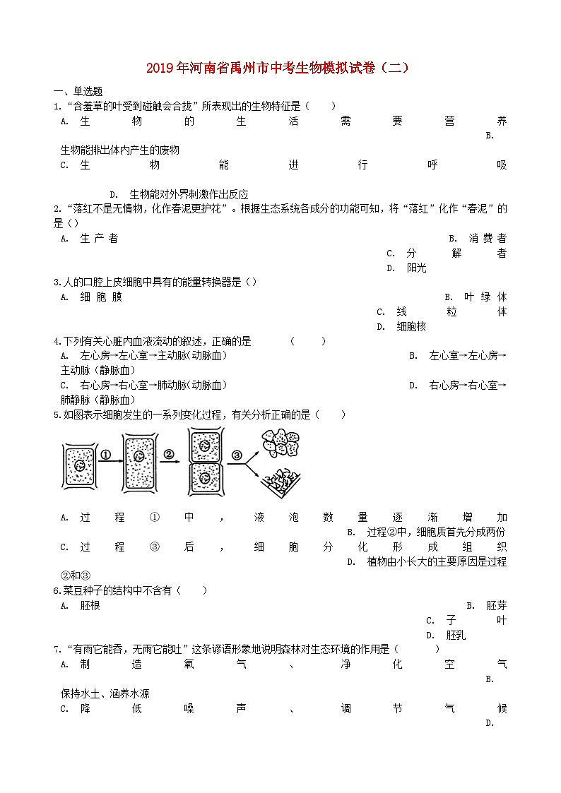 初中生物中考复习 河南省禹州市2019年中考生物模拟试卷（二）第1页