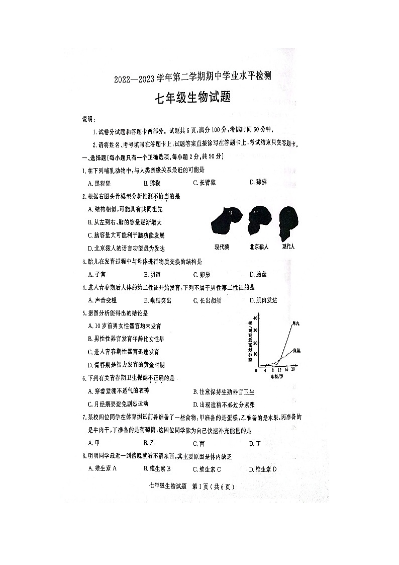 山东省聊城市冠县2022-2023学年七年级下学期期中生物试题01