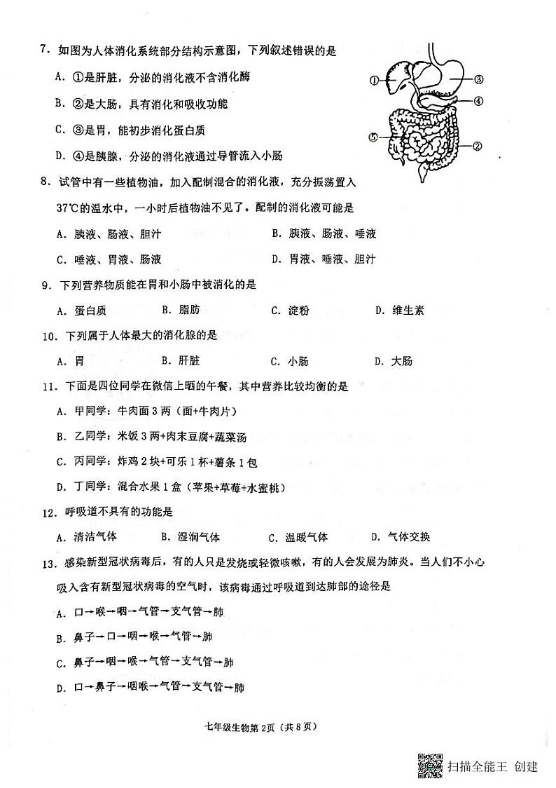 山东省临沂市沂水县2022-2023学年七年级下学期期中考试生物试题02