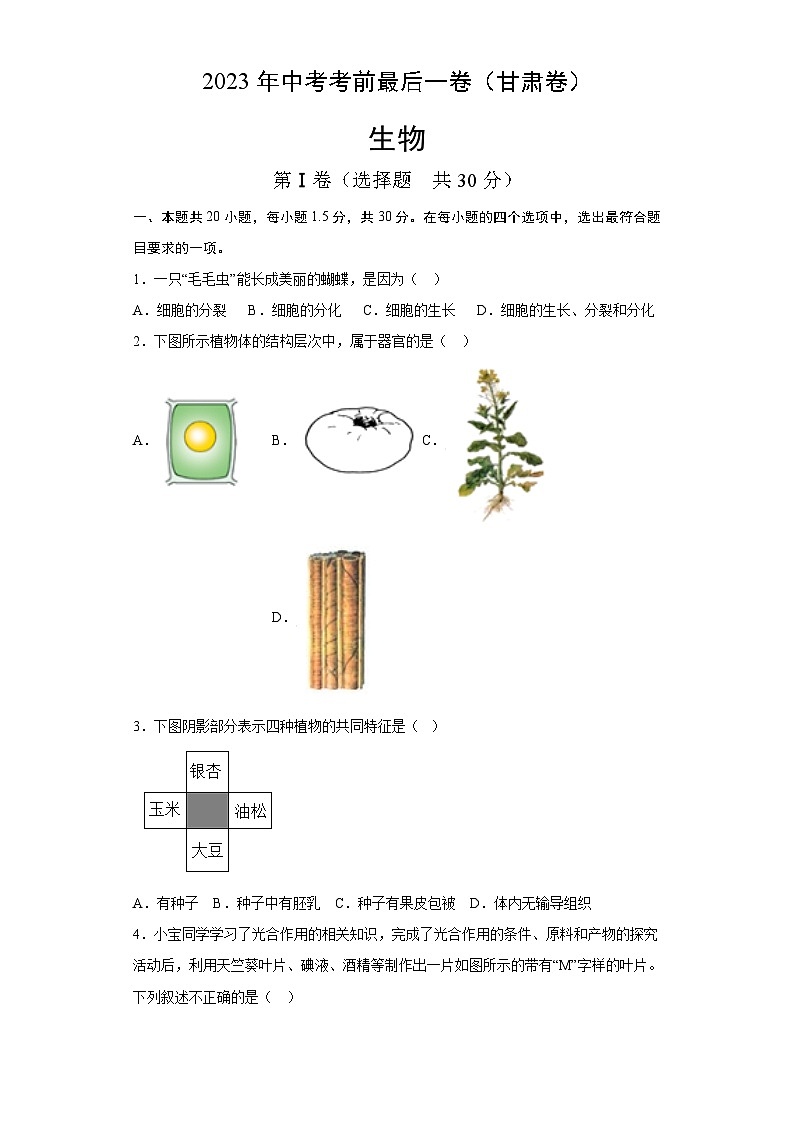 生物（甘肃卷）（考试版）第1页