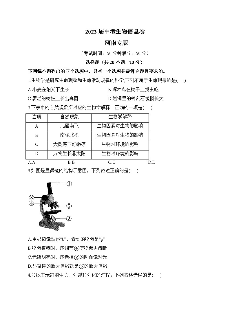 2023届中考生物考向信息卷 河南专版01