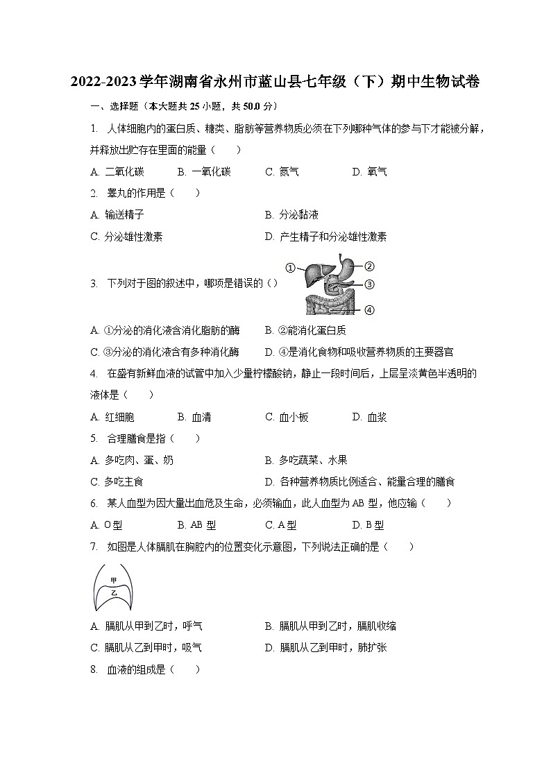 2022-2023学年湖南省永州市蓝山县七年级（下）期中生物试卷（含解析）01
