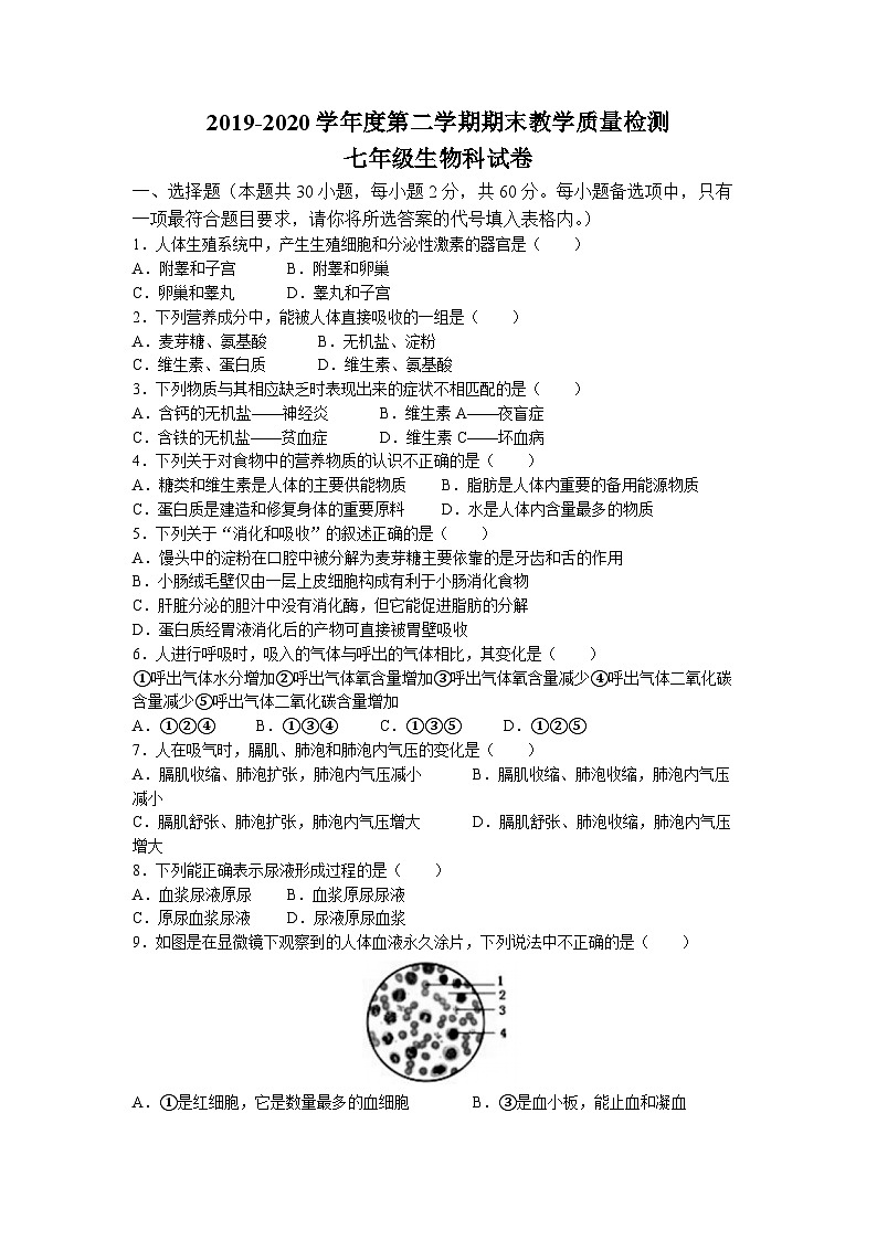 广东省潮州市潮安区2019-2020学年七年级下学期期末生物试题第1页