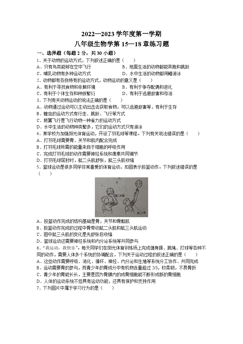 广东省揭阳市揭东区2022-2023学年八年级上学期第15-18章（10月月考）生物试题01