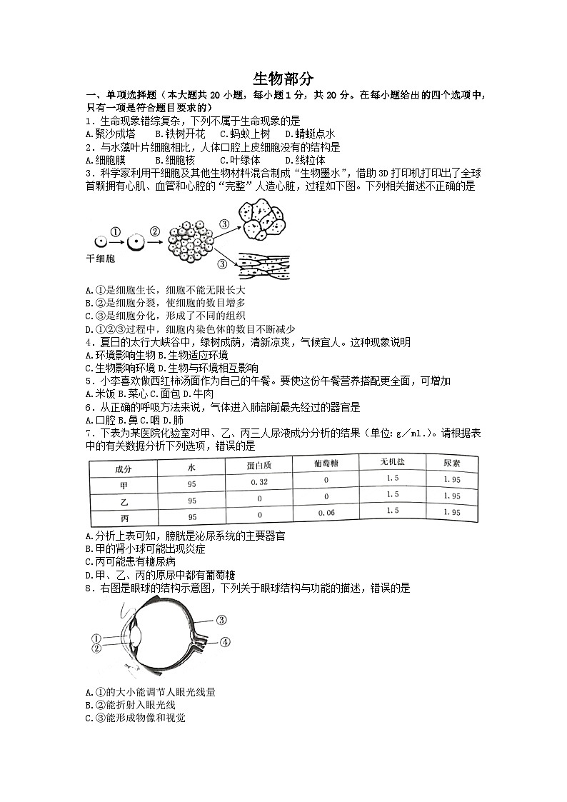 2023年江西省九江市永修县二模生物试题01