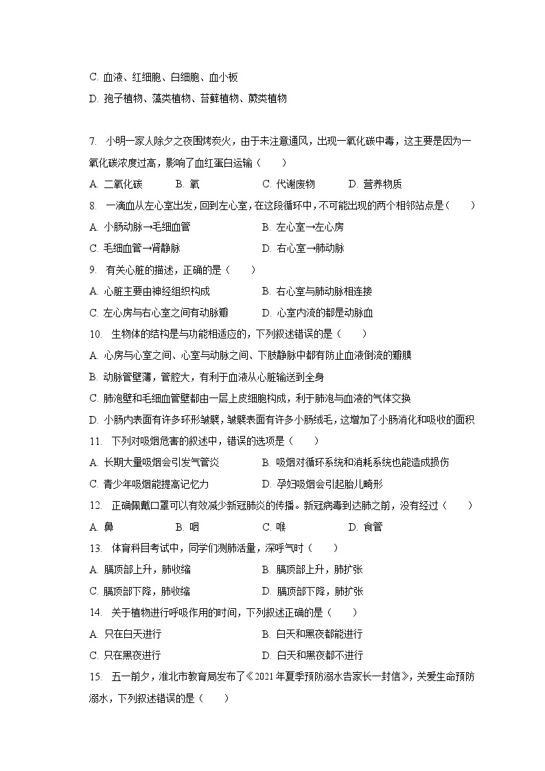2022-2023学年安徽省滁州市定远县青山中学七年级（下）质检生物试卷（4月份）（含解析)02