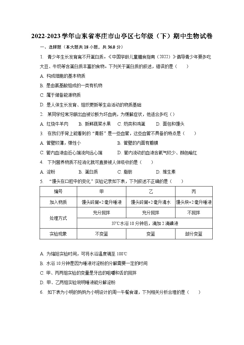 2022-2023学年山东省枣庄市山亭区七年级（下）期中生物试卷（含解析）01