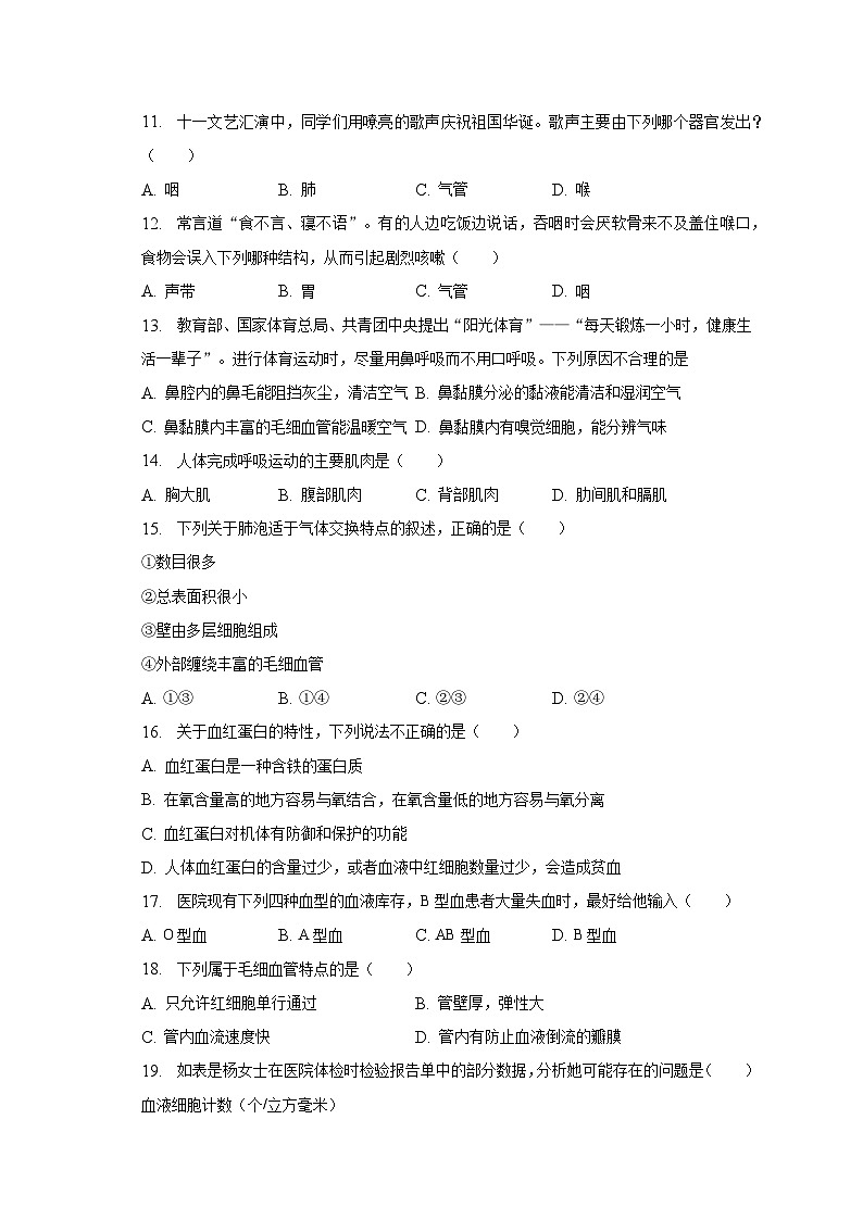 2022-2023学年吉林省四平市铁西区七年级（下）期中生物试卷（含解析）第2页