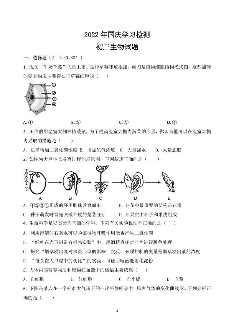山东省淄博市第十一中学2022-2023学年九年级上学期10月学习检测生物试题第1页