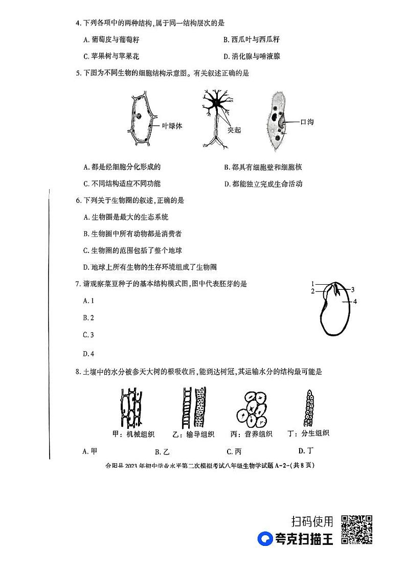 2023年陕西省渭南市合阳县八年级二模生物试题第2页