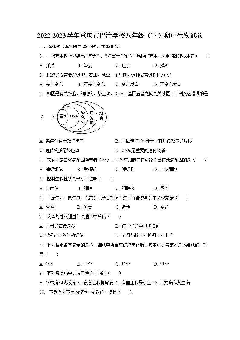 2022-2023学年重庆市巴渝学校八年级（下）期中生物试卷（含解析）第1页
