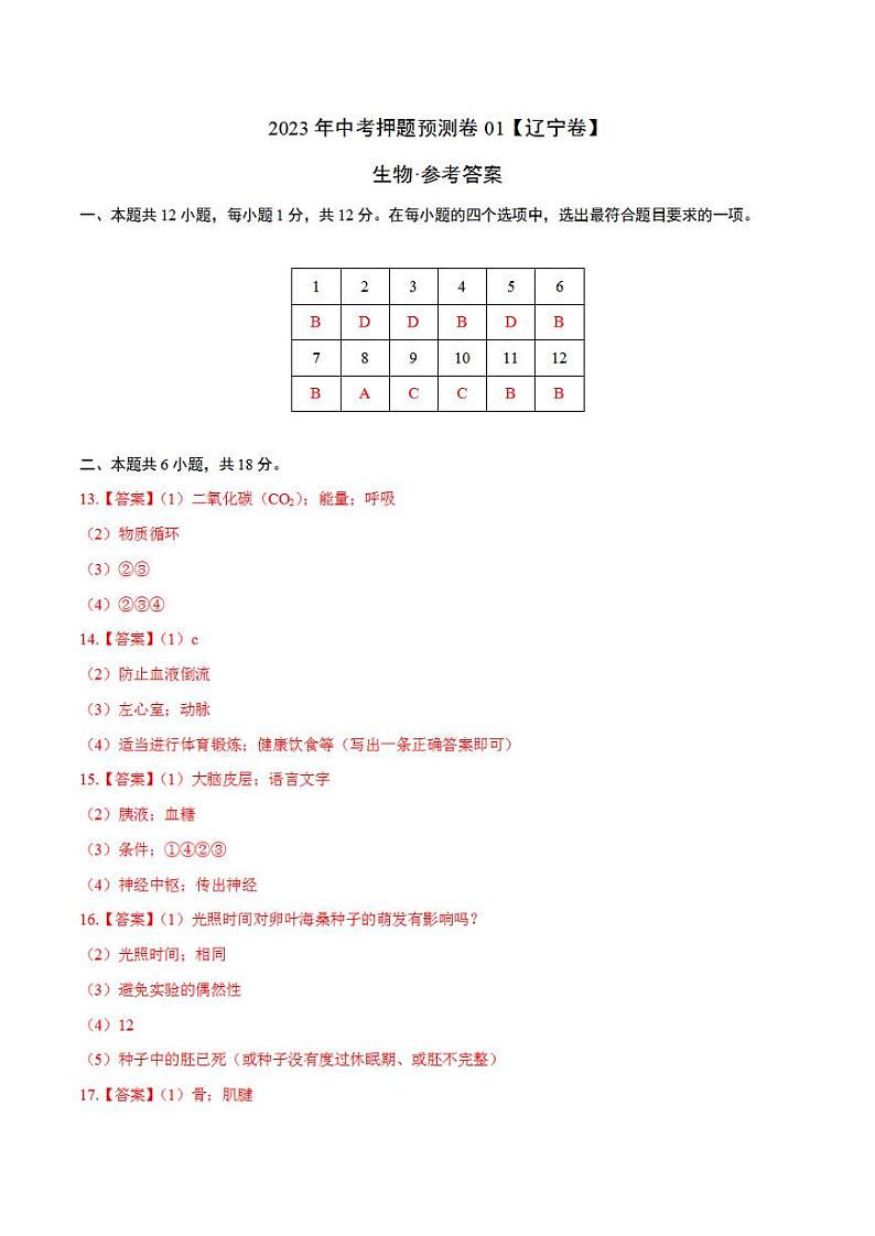 2023年中考押题预测卷01（辽宁卷）-生物（参考答案）第1页