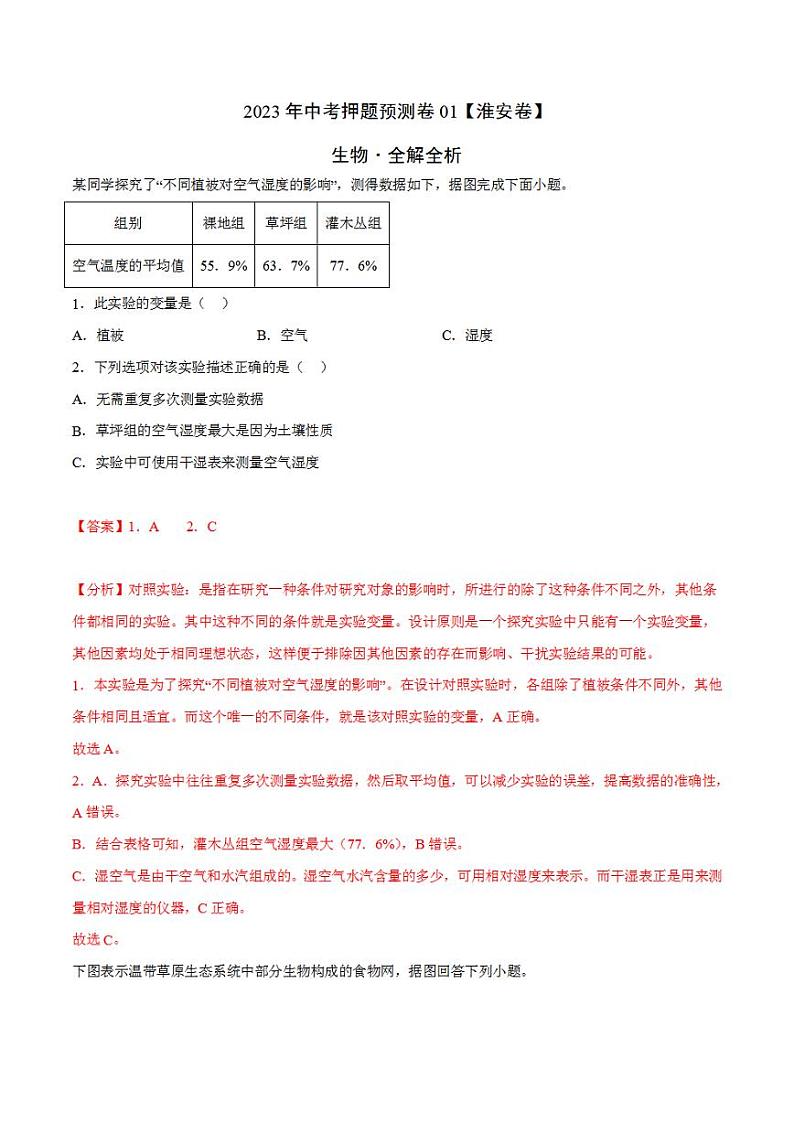 2023年中考押题预测卷01（淮安卷）-生物（全解全析）第1页