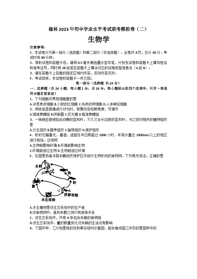 2023年陕西省榆林市二模生物试题(含答案)01