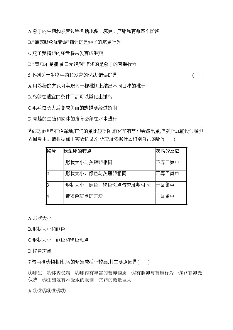 人教版(精编)初中生物八年级下册第一单元第一章第四节鸟的生殖和发育练习含答案02