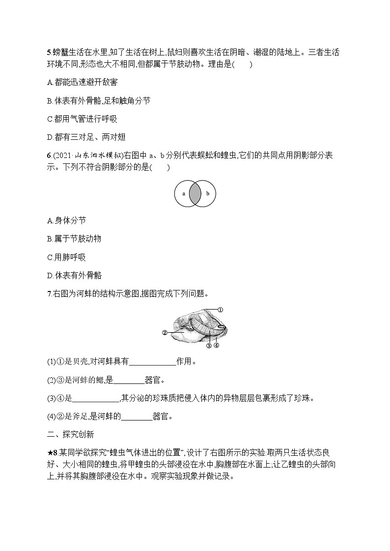 人教版(精编)初中生物八年级上册第5单元生物圈中的其他生物第1章第3节软体动物和节肢动物练习含答案第2页