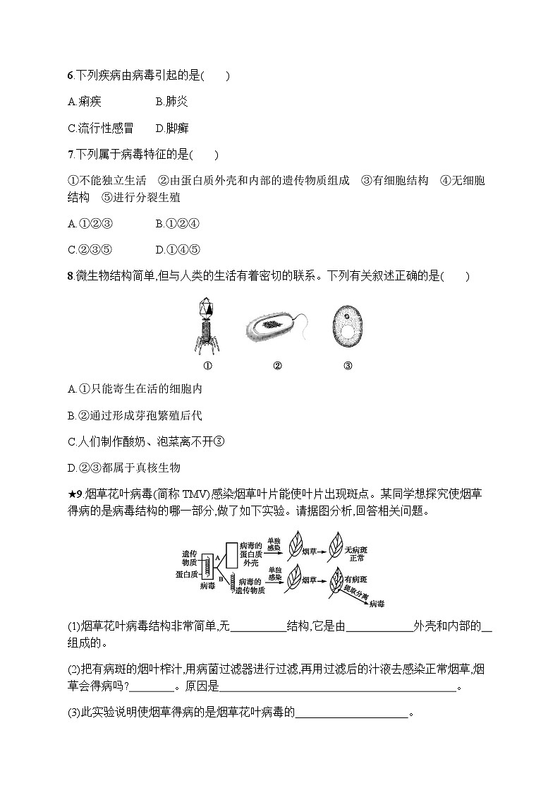 人教版(精编)初中生物八年级上册第5单元生物圈中的其他生物第5章病毒练习含答案第2页