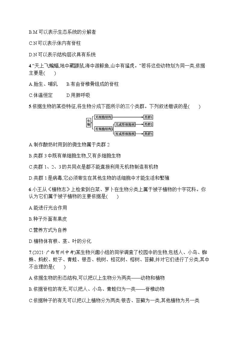 人教版(精编)初中生物八年级上册第6单元生物的多样性及其保护第1章第1节尝试对生物进行分类练习含答案02