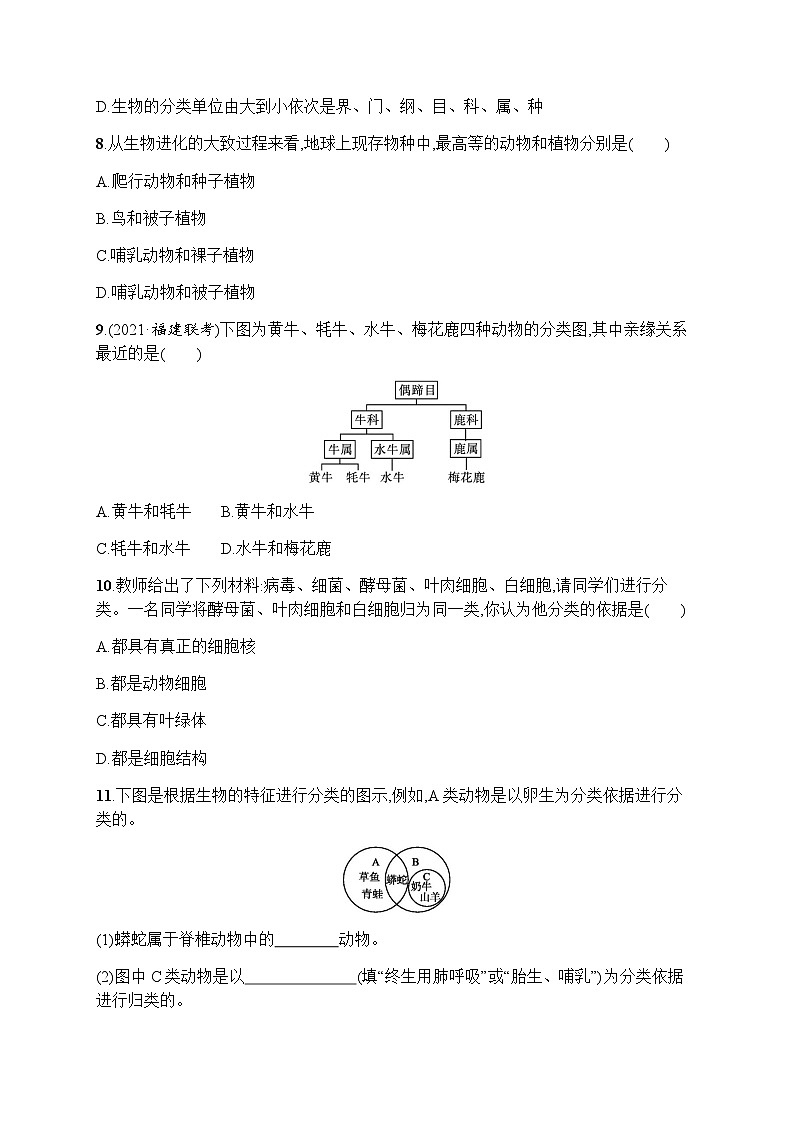人教版(精编)初中生物八年级上册第6单元生物的多样性及其保护第1章第1节尝试对生物进行分类练习含答案03