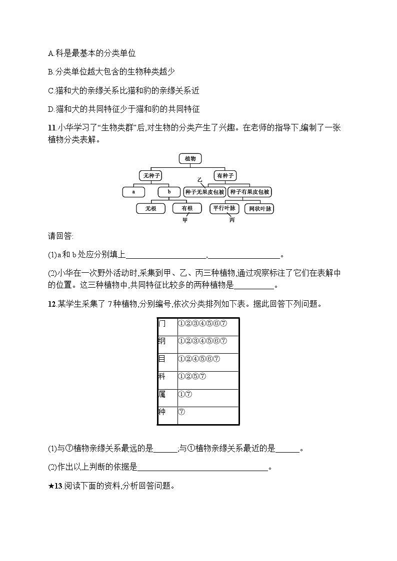 人教版(精编)初中生物八年级上册第6单元生物的多样性及其保护第1章第2节从种到界练习含答案第3页