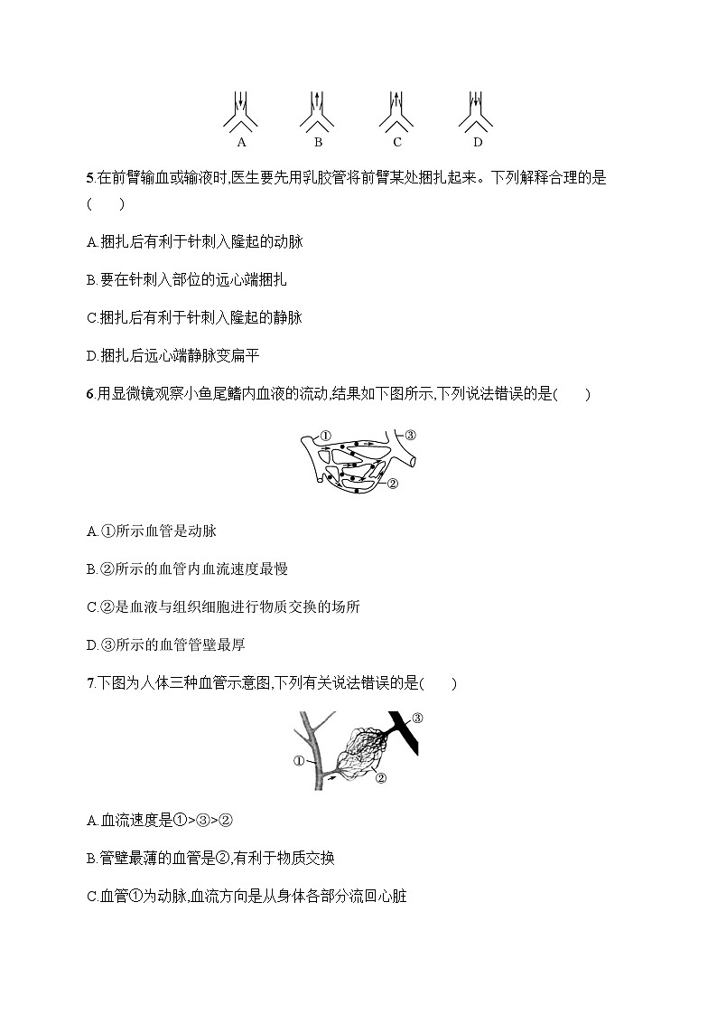 人教版初中生物七年级下册第4章第2节血流的管道——血管练习含答案02