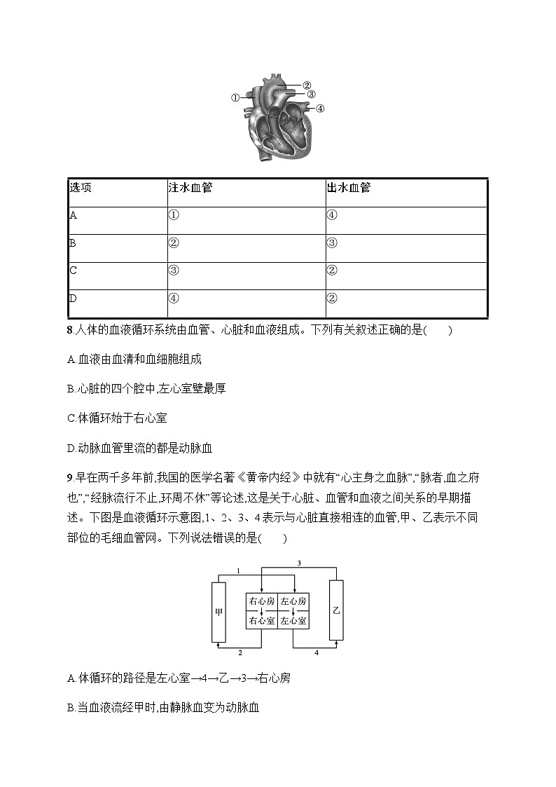 人教版初中生物七年级下册第4章第3节输送血液的泵——心脏练习含答案第3页